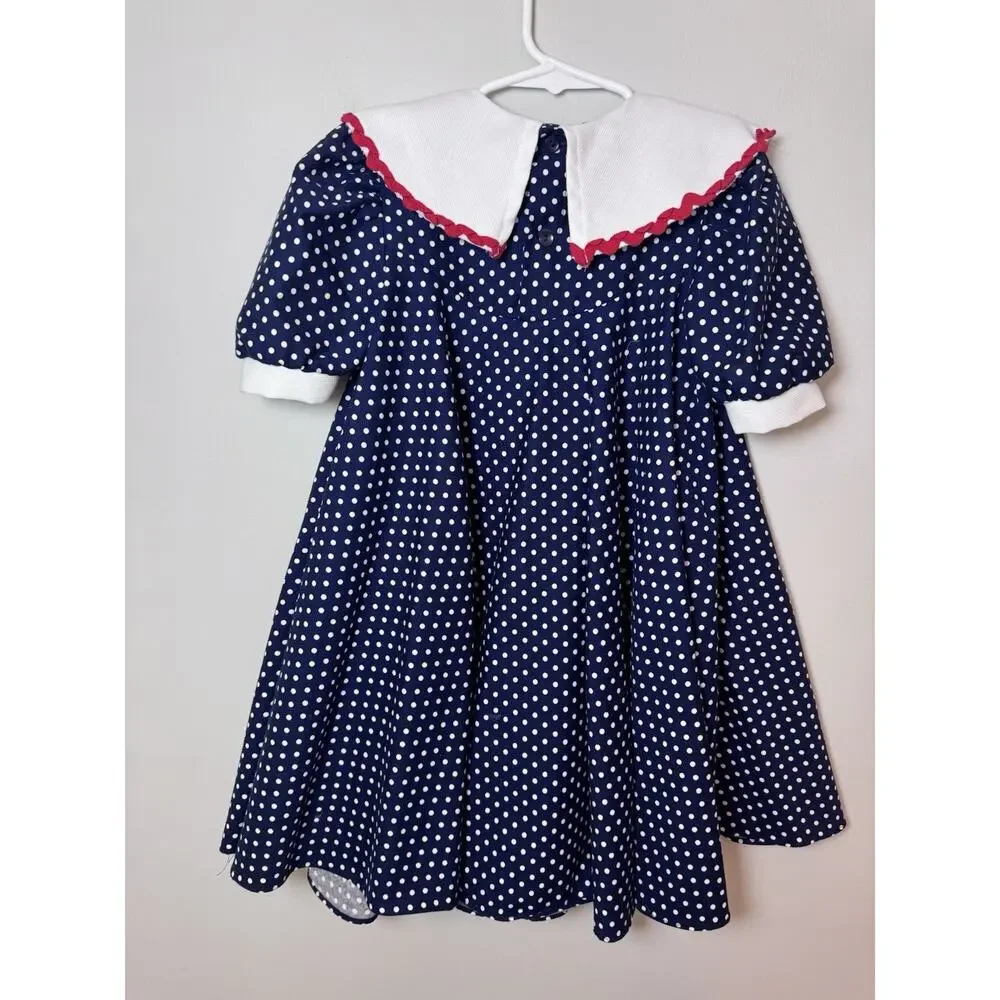 Peaches And Cream Vintage Back To School Dress Navy Polka Dot Sz 6 USA Made